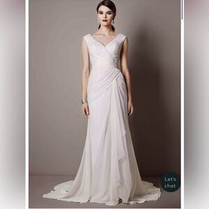 Galina Signature Light Ivory Chiffon Goddess Style Wedding Dress, Sz 6
